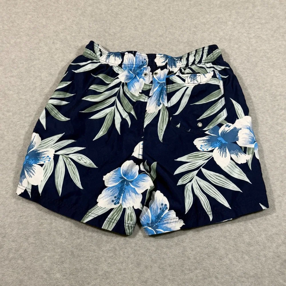 Lands' End Swim Trunks Mens Medium Navy Blue Floral‎ 5 Inch Inseam